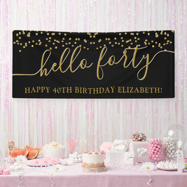 Gold Glitter Hello Forty 40th Birthday Party Banner | Zazzle