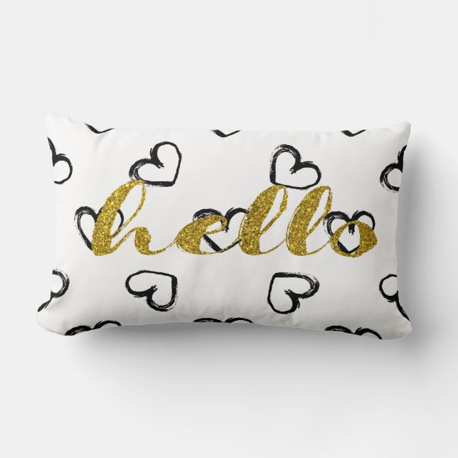 Gold Glitter Hello Script Doodle Heart Lumbar Pillow (Front)