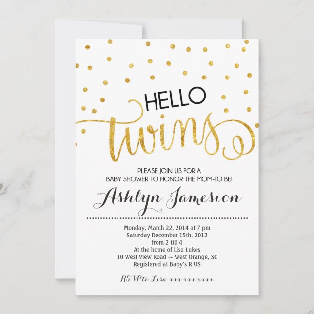 Gold Glitter Hello Twins Baby Shower Invitation (Front)