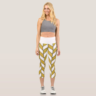 Gold Glitter Herringbone Chevron Capri Leggings