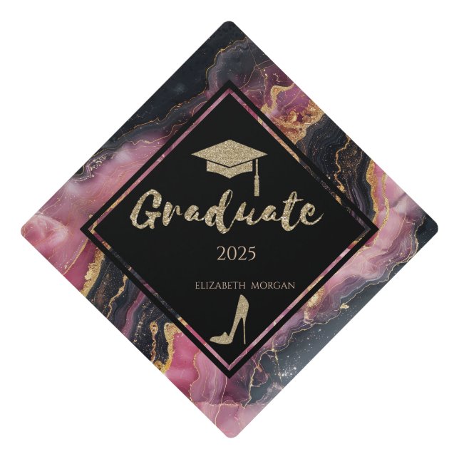 Gold Glitter High Heels,Abstract Burgundy Marble Graduation Cap Topper (Front)