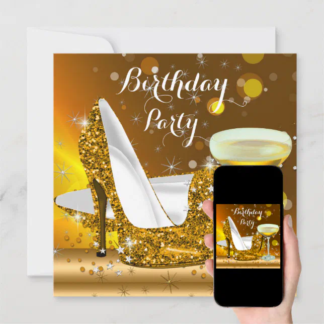 Gold Glitter High Heels Champagne Birthday Party 2 Invitation Zazzle