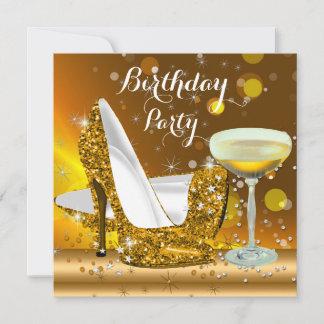 Gold Glitter High Heels Champagne Birthday Party 2 Invitation