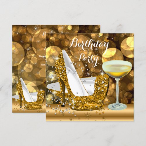 Gold Glitter High Heels Champagne Birthday Party Announcement