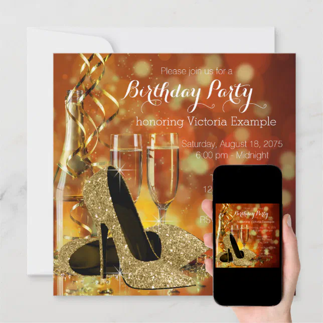 Gold Glitter High Heels Champagne Birthday Party Invitation Zazzle