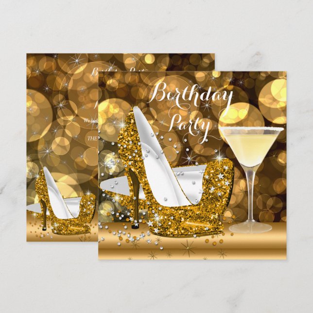 Gold Glitter High Heels Cocktail Birthday Party Invitation (Front/Back)