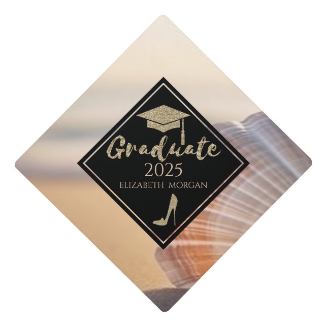 Gold Glitter High Heels,Grad Cap,Ocean Seashell Graduation Cap Topper (Front)