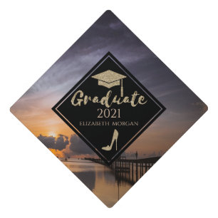 Gold Glitter High Heels,Graduate Cap, Beach Sunset Graduation Cap Topper