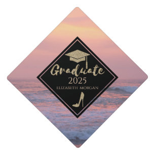 Gold Glitter High Heels,Graduate Cap,Ocean Graduation Cap Topper