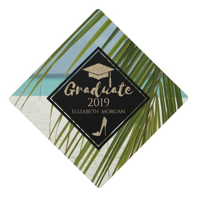 Gold Glitter High Heels,Graduate Cap, Palm Beach Graduation Cap Topper (Front)