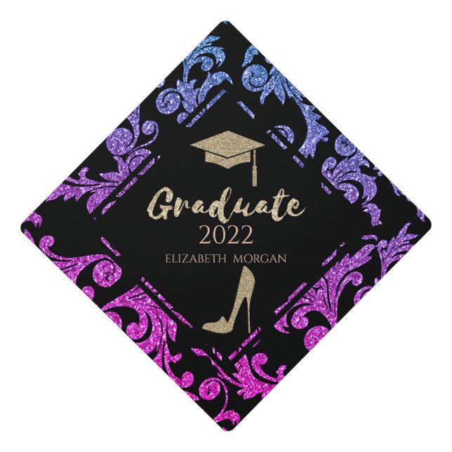 Gold Glitter High Heels,Graduate Cap,Violet Swirls Graduation Cap Topper (Front)
