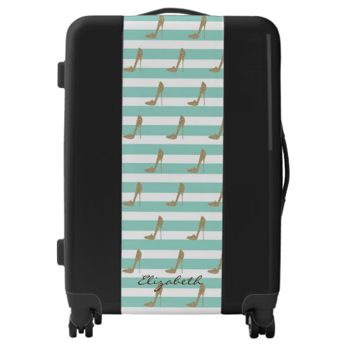 Gold Glitter High Heels Stripes_ Personalized Luggage