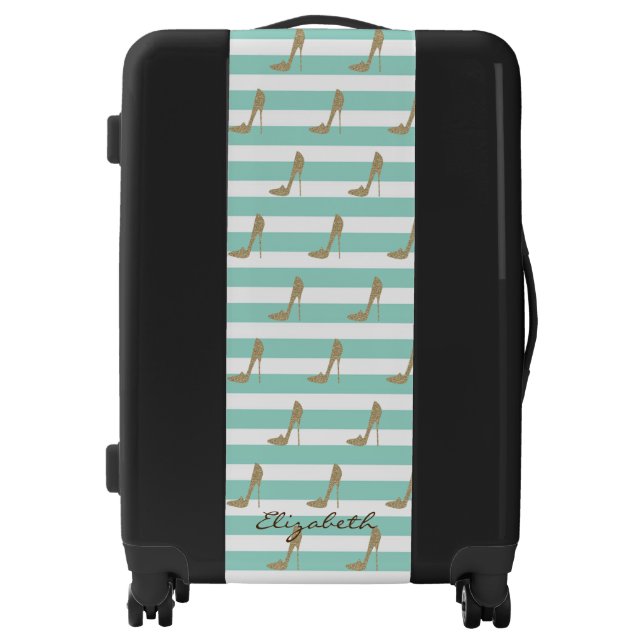Gold Glitter High Heels, Stripes- Personalized Luggage (Front)