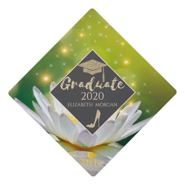 Gold Glitter High Heels,White Lotus,Graduate Cap (Front)