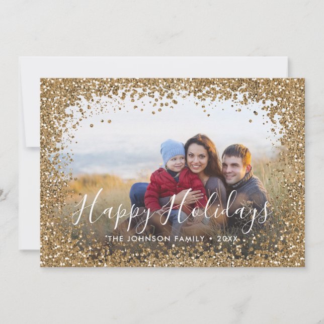 Gold Glitter Holiday Script Photo Frame Card (Front)
