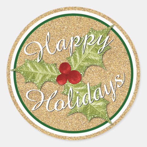 Gold Glitter Holiday Season Holly Leaves Pattern Classic Round Sticker