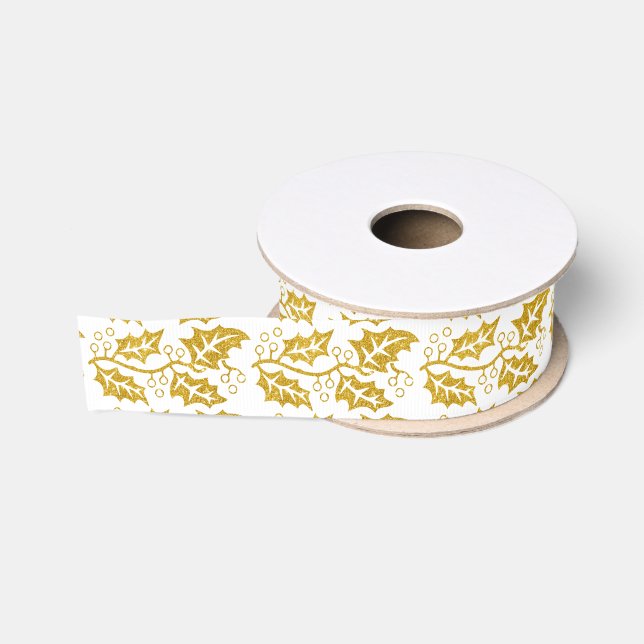 Gold glitter holly berry elegant Christmas holiday Grosgrain Ribbon (Spool)
