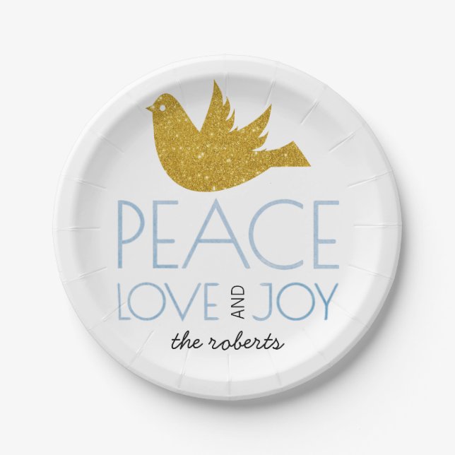 Gold glitter holly berry Joy Love Peace Christmas Paper Plates (Front)