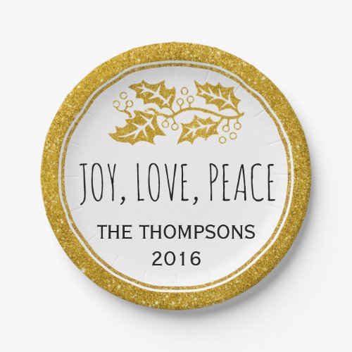 Gold glitter holly berry Joy Love Peace Christmas Paper Plates