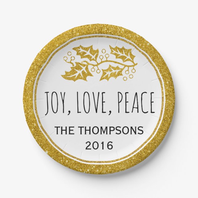 Gold glitter holly berry Joy Love Peace Christmas Paper Plates (Front)