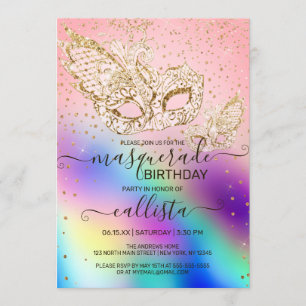 Gold Glitter Holographic Masquerade Birthday Invitation