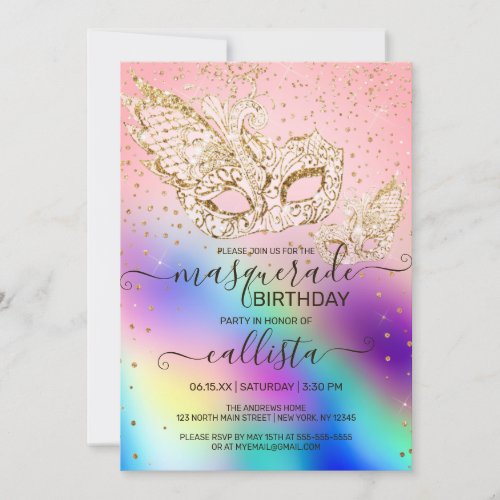 Gold Glitter Holographic Masquerade Birthday Invitation