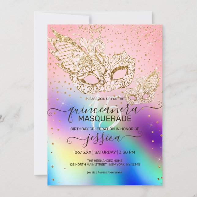 Gold Glitter Holographic Masquerade Quinceañera Invitation (Front)