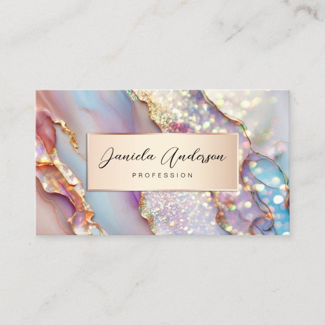 Gold Glitter Holographic Opal Textures QR Code Business Card (Front)