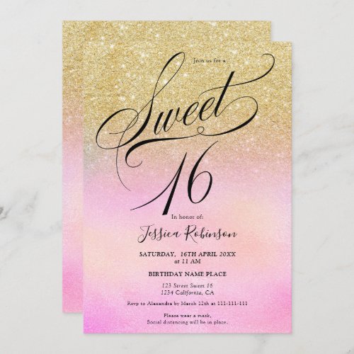 gold glitter holographic script chic Sweet 16 Invitation