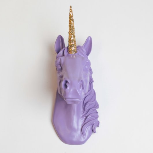 Gold Glitter Horn on Lavender Faux Unicorn Head (Front)