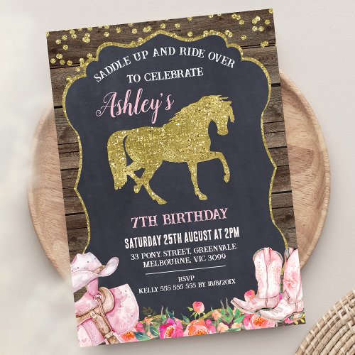 Gold Glitter Horse Saddle Up Birthday Invitation