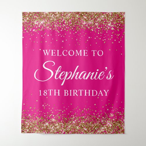 Gold Glitter Hot Pink 18th Birthday Party Welcome Tapestry