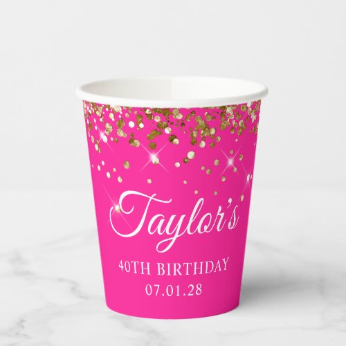 Gold Glitter Hot Pink 40th Birthday Paper Cups