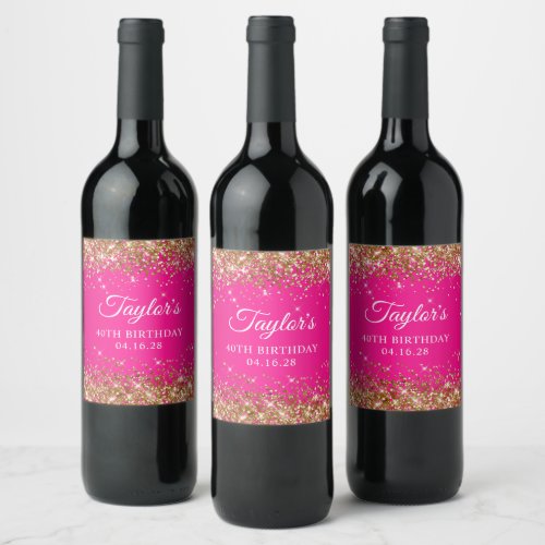 Gold Glitter Hot Pink 40th Birthday Wine Label