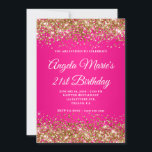 Gold Glitter Hot Pink Fancy Monogram 21st Birthday Invitation<br><div class="desc">An elegant monogrammed 21st birthday invitation for her. You can customize the text for another milestone birthday celebration. The digital art feature faux sparkly gold glitter with extra sparkles against a bright and vivid hot pink ombre image. The fancy black and white calligraphy monogram can be customized. All the artistic...</div>