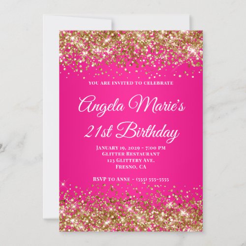 Gold Glitter Hot Pink Fancy Monogram 21st Birthday Invitation