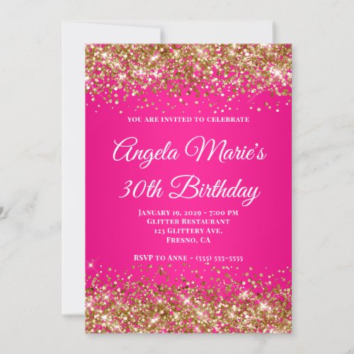 Gold Glitter Hot Pink Fancy Monogram 30th Birthday Invitation