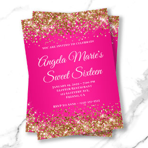 Gold Glitter Hot Pink Fancy Monogram Sweet Sixteen Invitation