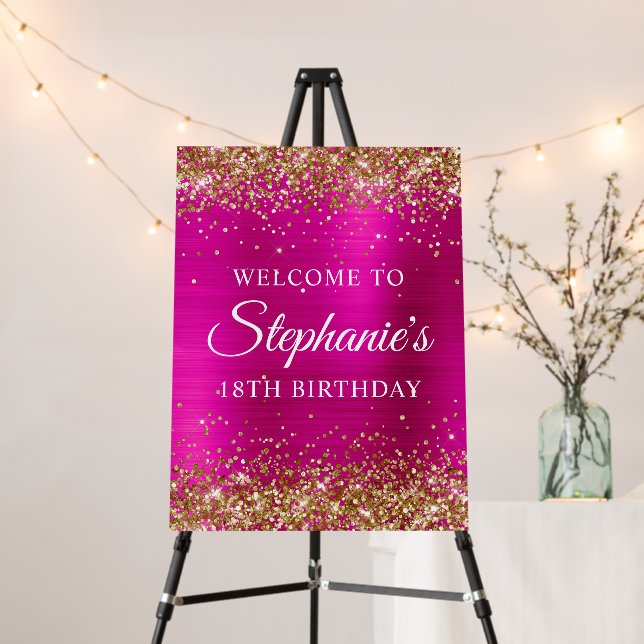 Gold Glitter Hot Pink Foil 18th Birthday Welcome Foam Board (In Situ (Stand))