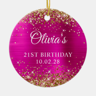 Gold Glitter Hot Pink Foil 21st Birthday Photo Ceramic Ornament