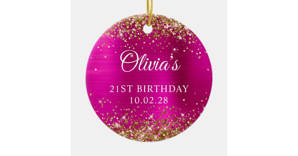 Gold Glitter Hot Pink Foil 21st Birthday Photo Ceramic Ornament | Zazzle