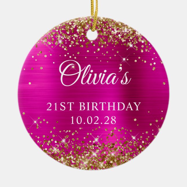 Gold Glitter Hot Pink Foil 21st Birthday Photo Ceramic Ornament (Front)