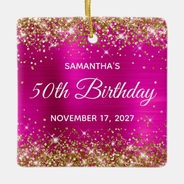 Gold Glitter Hot Pink Foil 50th Birthday Ceramic Ornament (Front)