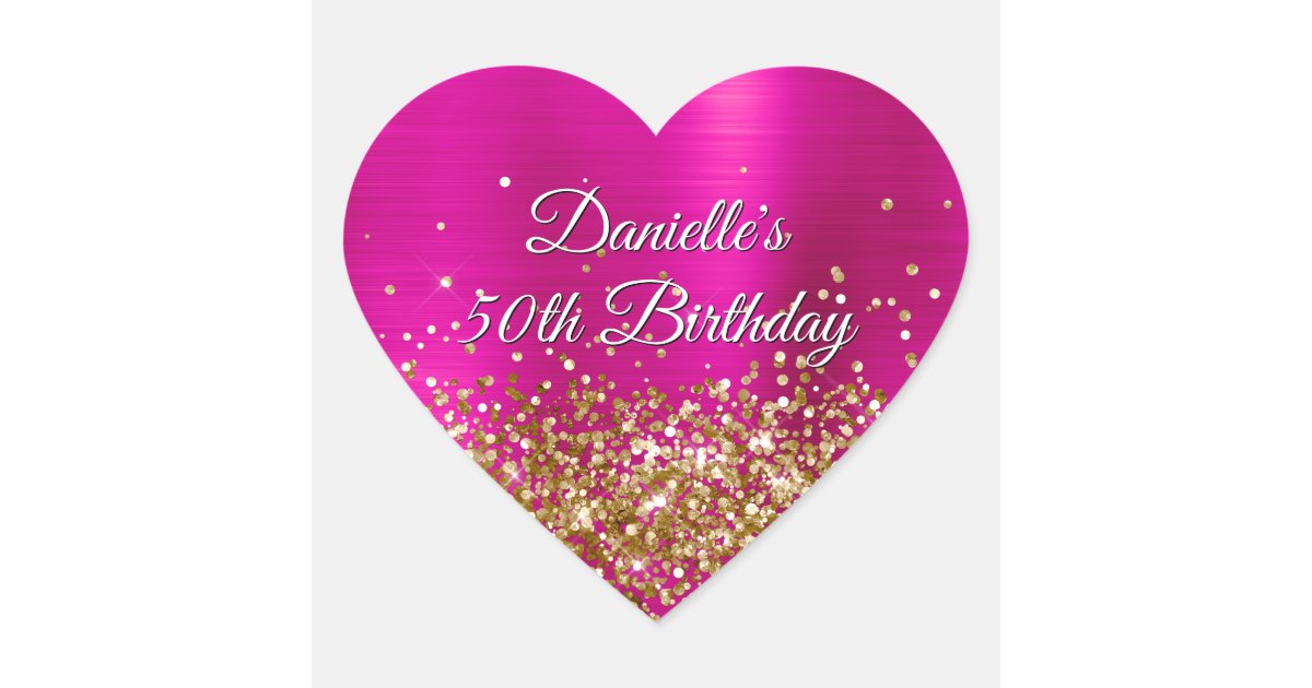 Gold Glitter Hot Pink Foil 50th Birthday Heart Sticker | Zazzle