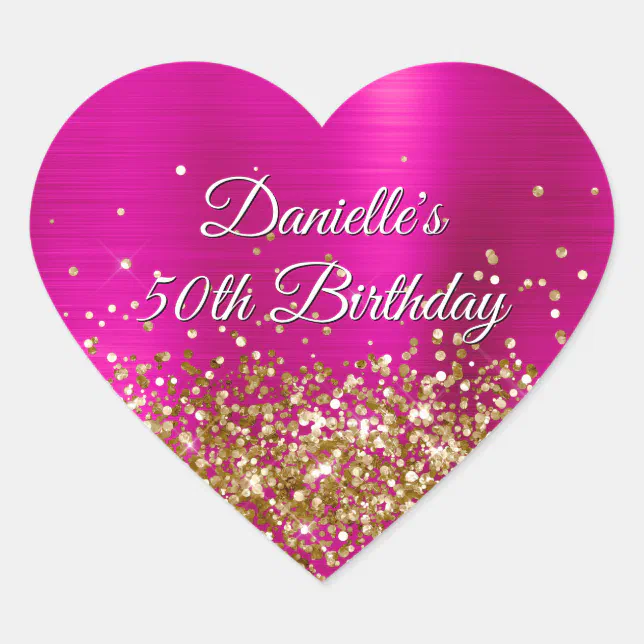 Gold Glitter Hot Pink Foil 50th Birthday Heart Sticker | Zazzle