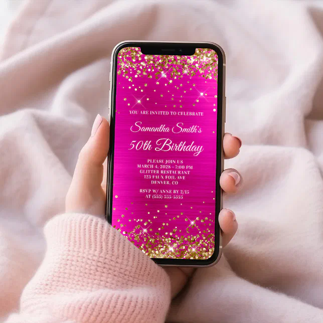Gold Glitter Hot Pink Foil 50th Birthday Invitation | Zazzle