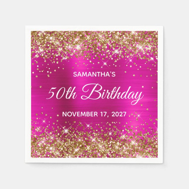 Gold Glitter Hot Pink Foil 50th Birthday Napkins (Front)