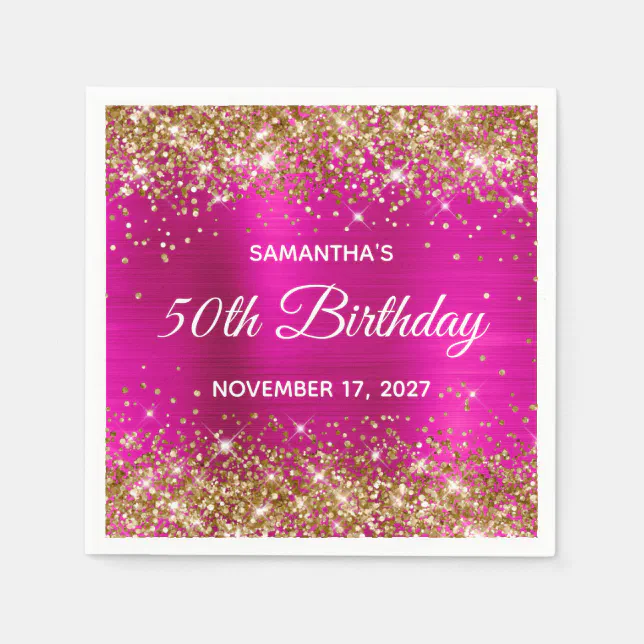 Gold Glitter Hot Pink Foil 50th Birthday Napkins | Zazzle
