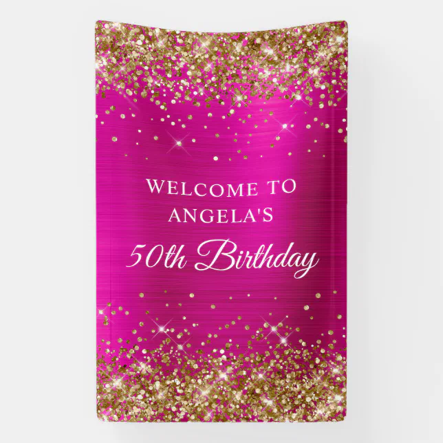 Gold Glitter Hot Pink Foil 50th Birthday V Banner | Zazzle