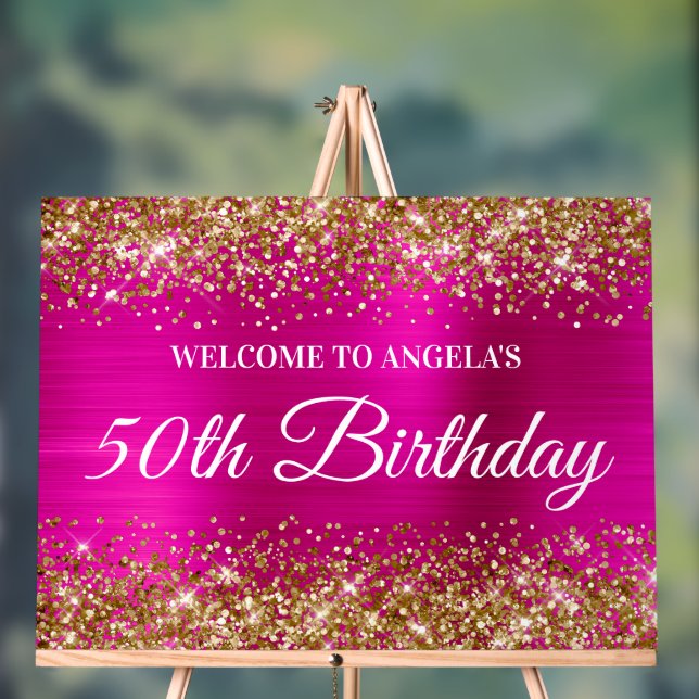 Gold Glitter Hot Pink Foil 50th Birthday Welcome Acrylic Sign (Neutral)